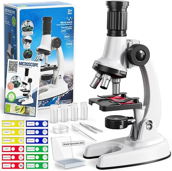 65 Pcs Kids Microscope STEM Kit 100X-1200X LED with 12 Slides For Ages 3–13 | 7-color LED illumination, portable science experiment set, educational birthday gift for boys girls home classroom learning