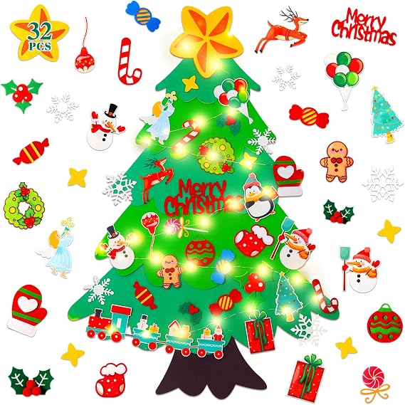 Felt Christmas Tree for Toddlers - 3.5 FT Wall Felt Christmas Tree for Kids with Lights and 32 Pcs Ornaments, DIY Xmas Gifts for Door Hanging Christmas Decorations (Batteries not Included)