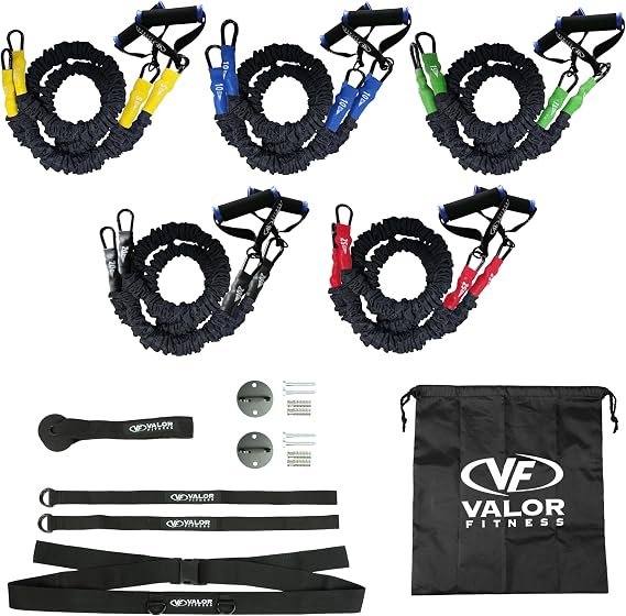 Valor Fitness Resistance Bands - 5lb to 25lbs - Carabiners Attached & 2 Bands per Weight Option with Handles Sheath Covered - Strength Training New Compact 39" Design - Wall Door Rack Mount Options