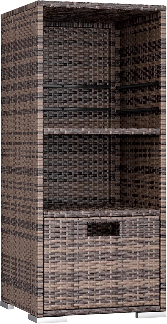 Devoko Outdoor Pool Towel Rack Patio Wicker Storage Cabinet Shed, Brown