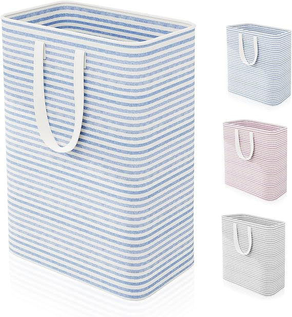 Caroeas 80L Laundry Bin, Collapsible Laundry Basket for Easy Storage, Freestanding Washing Baskets for Dirty Clothes with Reinforced Long Handles, Waterproof Slim Laundry Hamper for Baby, Blue | Blue, 80L Narrow Laundry Hamper, Freestanding Frame, PE-coated Waterproof Fabric, Reinforced Handles for Dirty Clothes