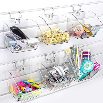 Layhit 6 Set Slatwall Bins Plastic Bins with Metal Hooks Mount Hanging Slatwall Containers Storage Organizer Slat Wall Accessories for Craft Garage Tool Storage Room PanelClear