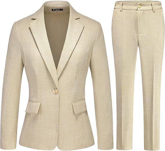 Women's 2 Piece Business Pants Suit Set Plaid Blazer | Slim Fit One Button Blazer, Small Houndstooth, Dressy Office Work Formal Casual Outfits