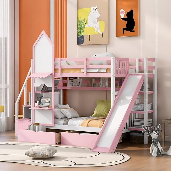 Twin-Over-Twin Castle Style Bunk Bed with 2 Drawers, 3 Shelves, and Slide, Full Size,