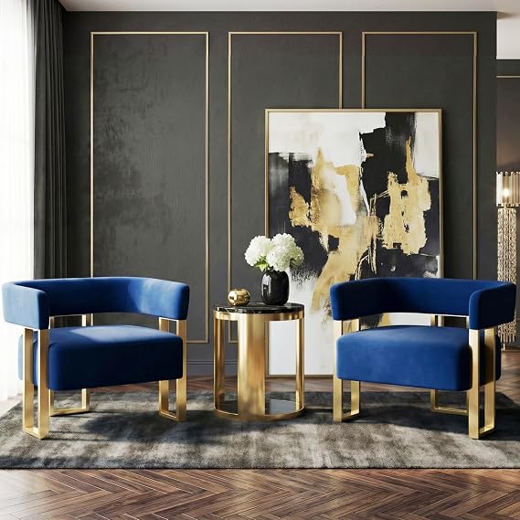 Navy Blue Velvet Accent Chairs Set of 2, Barrel Armchairs Living Room