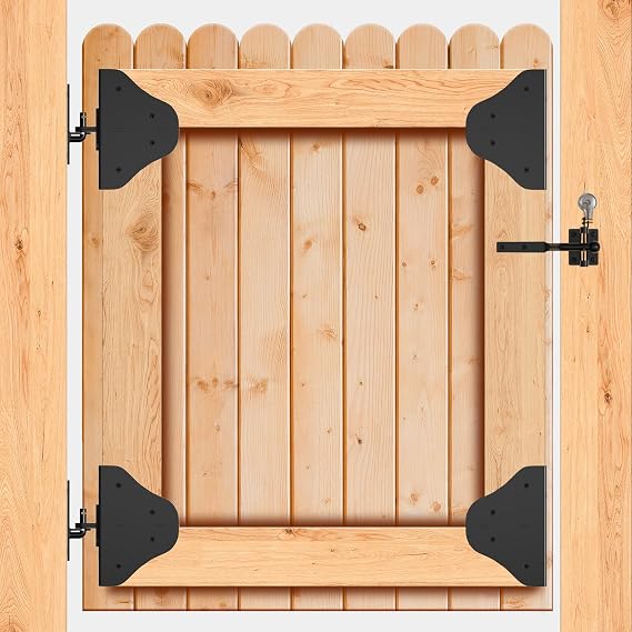 Mofeez Anti Sag Gate Kit Fence Gate Hardware - Heavy Duty 90 Degree Right Angle Hinges with Self-Locking Gate Latch & Corner Brace - for Wood Gates, Garden Fence (1 Set)