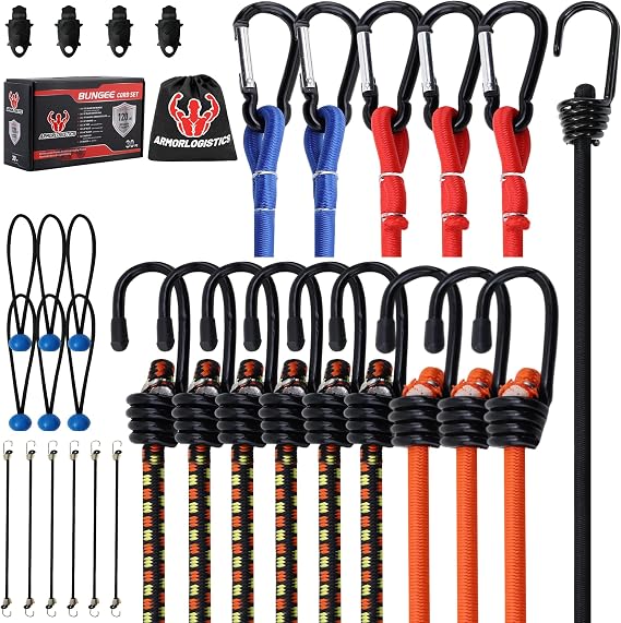 Bungee Cords with Hooks, Bungee Cords Heavy Duty Outdoor 30 pcs, 10", 18", 24", 36", 48", 60" Bungee Cords with Carabiner Hooks, Tarp Clips,Ball Bungees, Storage Bag