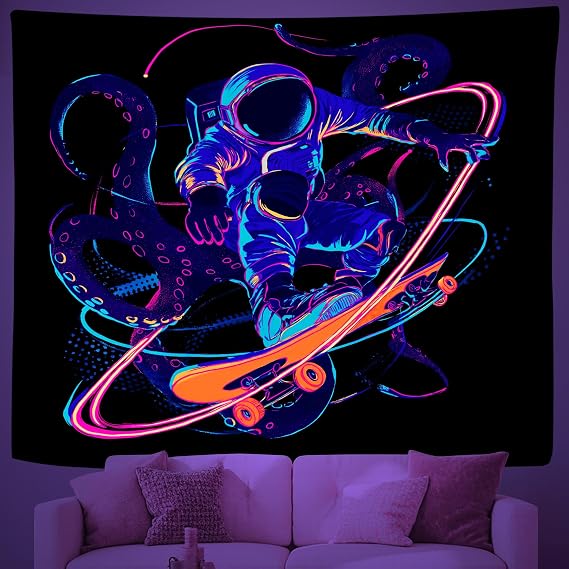 Astronaut Blacklight Tapestry, Skateboard Tapestries UV Reactive, Octopus Tentacles Tapestry Glow in the Dark, Neon Wall Hanging for Bedroom Dorm Living Room Decor 80x60 Inches