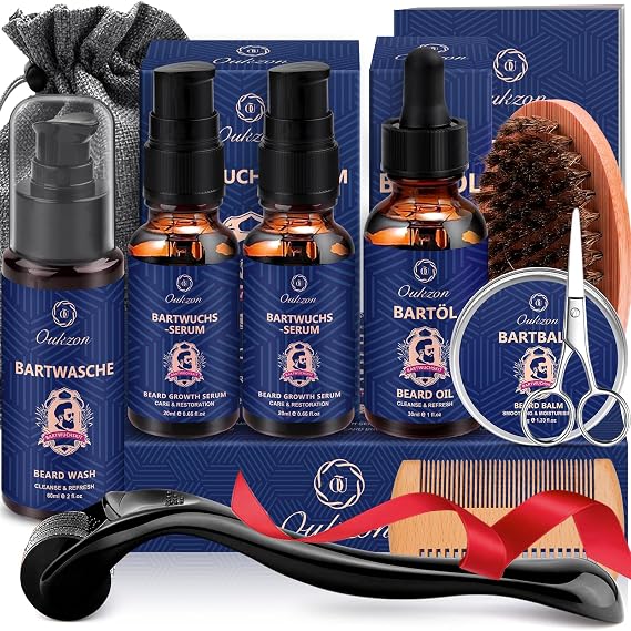 Oukzon Beard Growth Kit for Men w/Derma Roller, 2 Pack Beard Growth Serum, Upgraded 11 in 1 Beard Grooming Care Kit w/Beard Oil, Shampoo, Balm, Brush, Comb, Scissor, Christmas Gifts for Men, Him, Dad