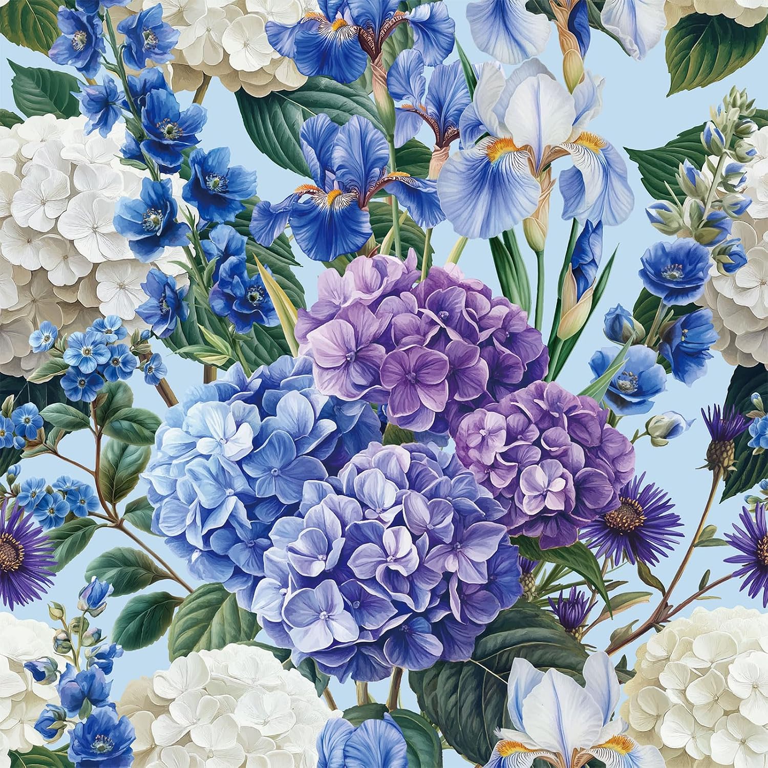 CHDITB Colorful Hydrangea Flowers Wallpaper,Floral Wallpaper Self Adhesive44x300cm,Blue Hydrangea Iris Wildflowers Wall Paper Stick on,Vintage Flower Wall Stickers for Bedroom Kitchen Cabinets