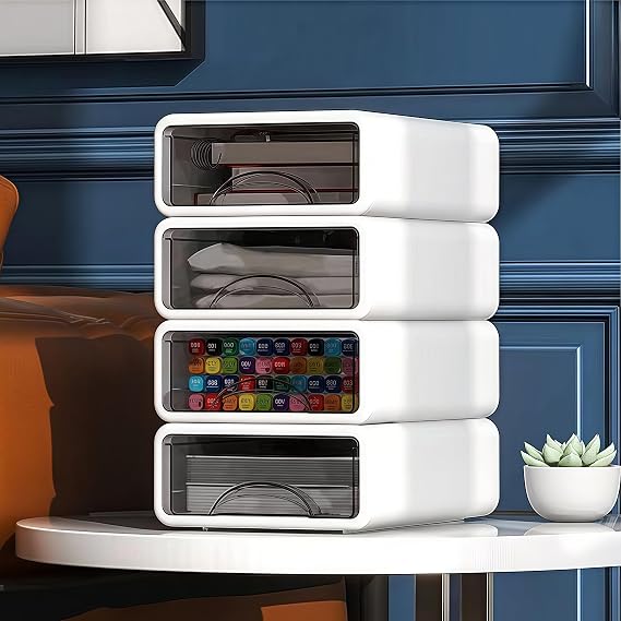4 Tier Desk Organiser Drawers, Stackable White Desktop Drawers Storage, Plastic Make up Desk Storage Box with 5 Drawers for Home Collection, Makeup, Office Supplies