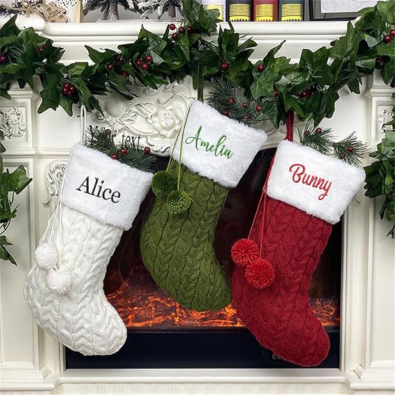 yky Personalized Christmas Stockings First Christmas Name Stocking, Family Christmas Tree Decor Merry Christmas Stocking Gift (White,Personalized Name)