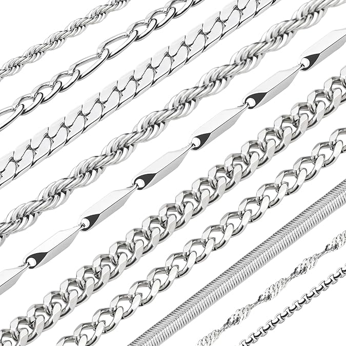 10 Pcs Chains for Men Silver Necklace Stackable Stainless Steel Chains Set Mens Jewelry Set Cross Cuban Link Figaro Chain