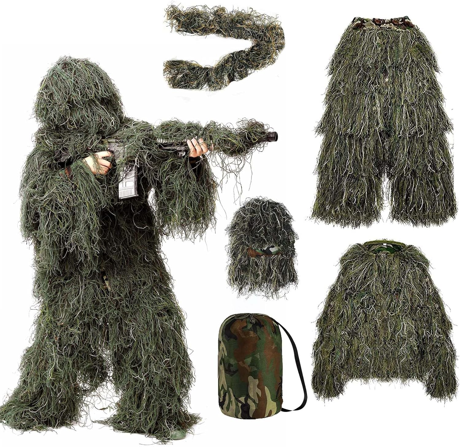 Ghillie Suit 5 in 1, Ghillie Suit for MenKidsWomen, 3D Camouflage Hunting Apparel Including Jacket, Pants, Hood
