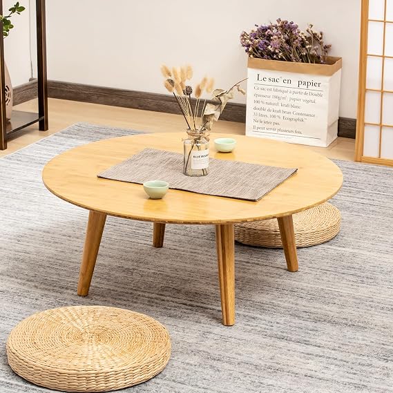 Furlide Small Round Coffee Table, Bamboo Mid Century Floor Table
