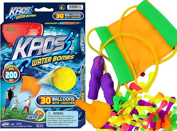 JA-RU Kaos Water Balloon Launcher/Slingshot, 30 Colorful Water Balloons & Rapid Water Injection Tool for Kids and Adults, (1 Pack) 200 Feet Range Water Bomb Sling shot Set. 181-1