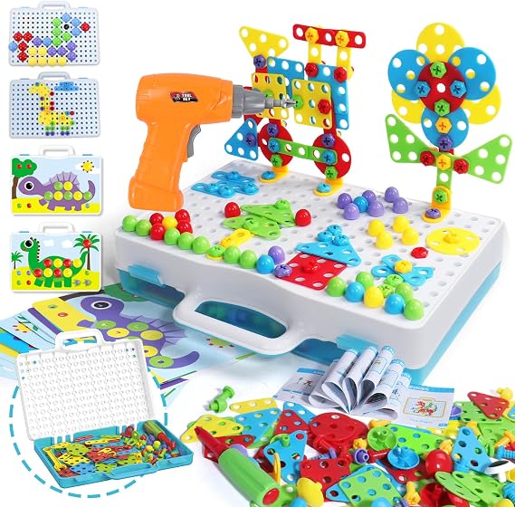 Spielzeug ab 3 Jahre Mosaik Steckspiel mit Elektrische Bohrmaschine Schrauben Steckspiel Kinder Werkzeug Montessori Spielzeug Puzzle ab 3 Jahre Akkuschrauber Geschenke 3 4 Jahre Junge 224 Stück