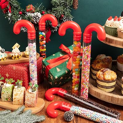 12Pcs Christmas Candy Cane Tubes, Clear Candy Containers with Red Topper, Plastic Tubes for Sweets for Christmas Party Supplies