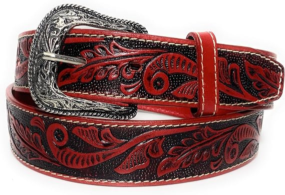 EL CHARRO Women's Red Western Leather Belt, Tulip Embossed Cowboy Casual Belt (36)