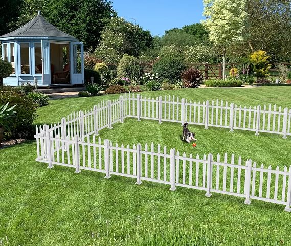 Windscreen4less 1 Set 92" W x 24" H Outdoor Vinyl Picket Fence Panels Decorative PVC Barrier Fencing for Porch Patio Front Door Yard Garden Pool White Freestanding with 22 Pickets (Scallop)