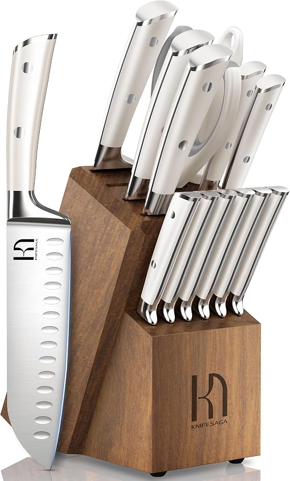 KnifeSaga 15 Pcs Japanese Knife Set with Sharpener, Premuim, Razor Sharp