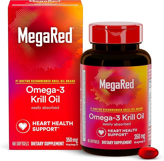 MegaRed Omega-3 Krill Oil 350mg Softgels, (60 Count in A Bottle), EPA & DHA Omega-3 Fatty Acids with No Fishy Aftertaste Unlike Fish Oil, Contains Antioxidant Astaxanthin
