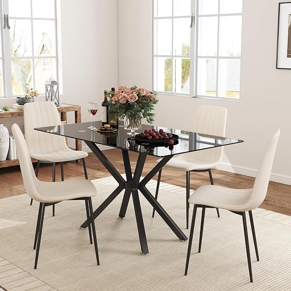 yeag Modern Glass Dining Table Set for 4, 47" Rectangular Tempered Glass Kitchen Table and Chairs Set, Small Dinner Table & 4 Beige Cushion Seat Velvet Dining Chairs for Apartment Kitchen(Black)