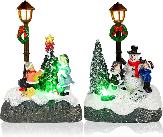 Karenhi 2 Pcs Christmas Village Set with LED Light Figurines,Rustic Style