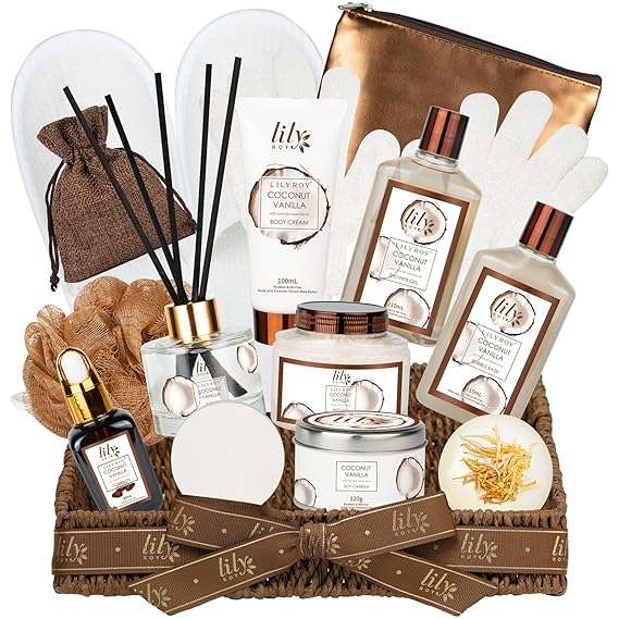 Coconut Vanilla Spa Gift Set, Complete Spa Gift Baskets for Women & Men | Women Gifts, Men Gifts, Spa Kit, Spa Gifts for Mom & Dad, Christmas, Mothers Day, Valentines, Birthday, Hydrating Skin Care