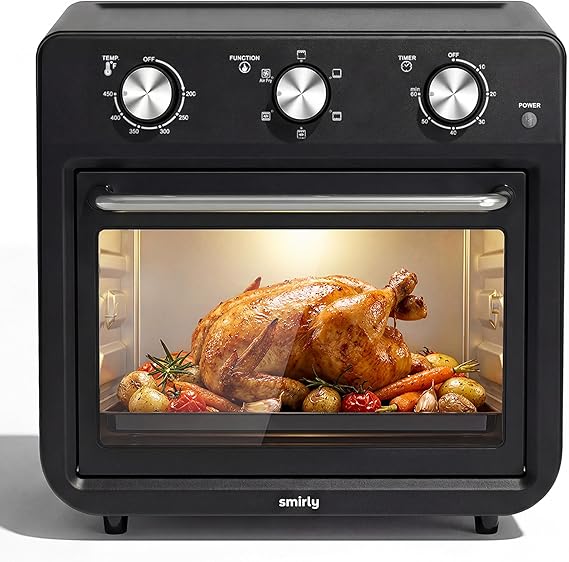 SMIRLY 6-in-1 Air Fryer Toaster Oven Combo, 27QT Convection Oven Countertop, 1800W Oven for Toast, Roast, Bake, Reheat, Broil, Warm, Fits up to a 4 lb Turkey, 12" Pizza, 6 Toast, Black