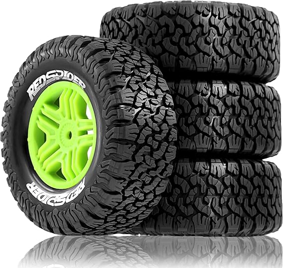 1/10 RC Short Course Truck Plastic Wheels 12mm Hex and Tires OD 4.41" 5-Spok Off Road Tyres for 1:10 Scale Truck Car TRAXXAS Slash 4X4 2WD ARRMA SENTON 3S Losi Redcat Rc4wd 4PCS (Green)