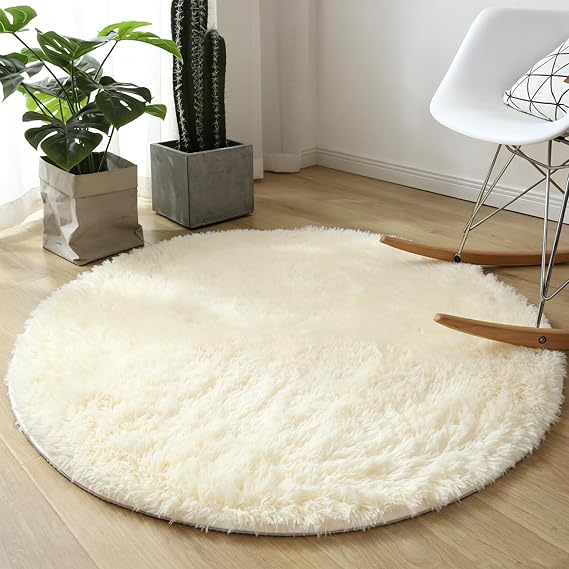 Fluffy Shaggy Round Area Rugs, Non-Slip Luxury Soft Plush Rug, Cozy Circle Carpet for Living Room Bedroom Dining Room Playroom Beige 1.3 Feet