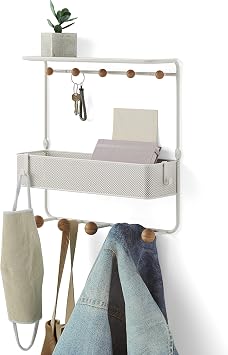 Umbra Estique Entryway Organizer Storage Solution with Cubby Bin, Shelf and Hooks for Keys, Mail, Glasses, Wallet, Purse, Hat, and More, White