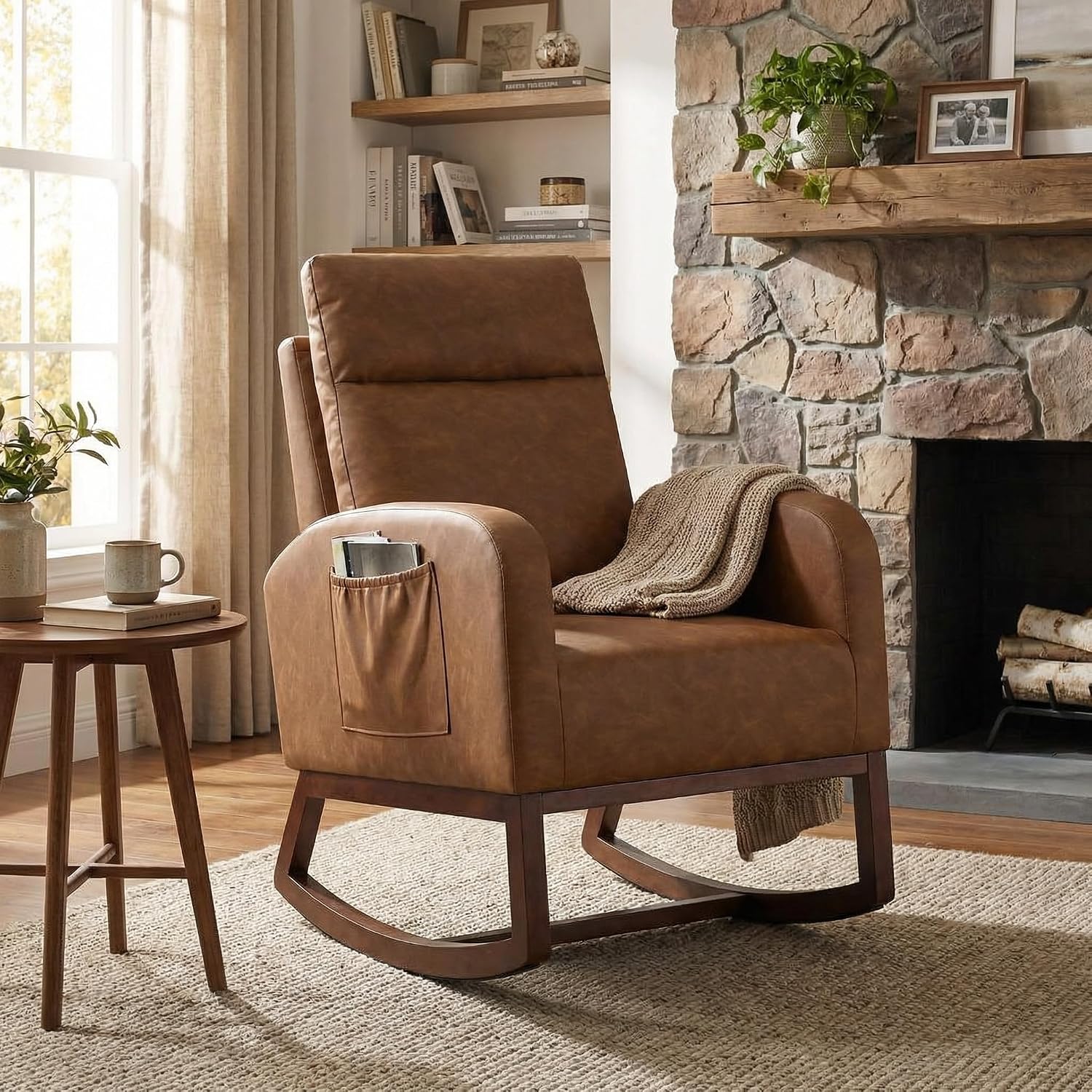 Relax Rocking Chair, Upholstered Accent Glider Armchair with Headrest, Side Pocket & Wood Legs, Chenille Fabric Modern High Back Leisure Lounge Rocker for Nursery Living Room Bedroom - Brown