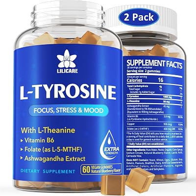 L Tyrosine Gummies 1100mg Mood Support Blend, with Ashwagandha, L-Theanine, Vitamin B Complex B6, FolateVitamin B9, Focus & Memory, Cognition & Brain Function, Energy Boost,Stress Support, 2Pc120ct