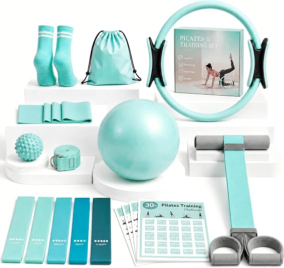 At Home Pilates Kit for Women, Home Workout Pilates Equipment Set with Pilates Ring, Ball, Pedal Resistance Band, Resistance Bands, Yoga Strap, Bag, Pilates Essentials Kit for Starter, Beginners