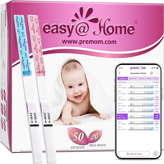 Easy@Home 50 Ovulation Test Strips and 20 Pregnancy Test Strips, Ovulation and Pregnancy Test Kit Powered by Premom Ovulation Predictor iOS and Android App