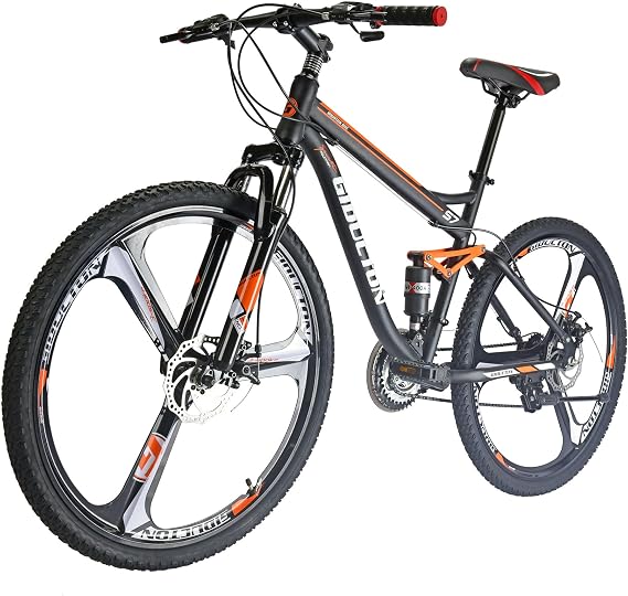 EUROBIKE OBK S7 Full Suspension Mountain Bike 21 Speed Bicycle 27.5 inches Mens MTB Disc Brakes Orange (3 Spoke mag Wheels)