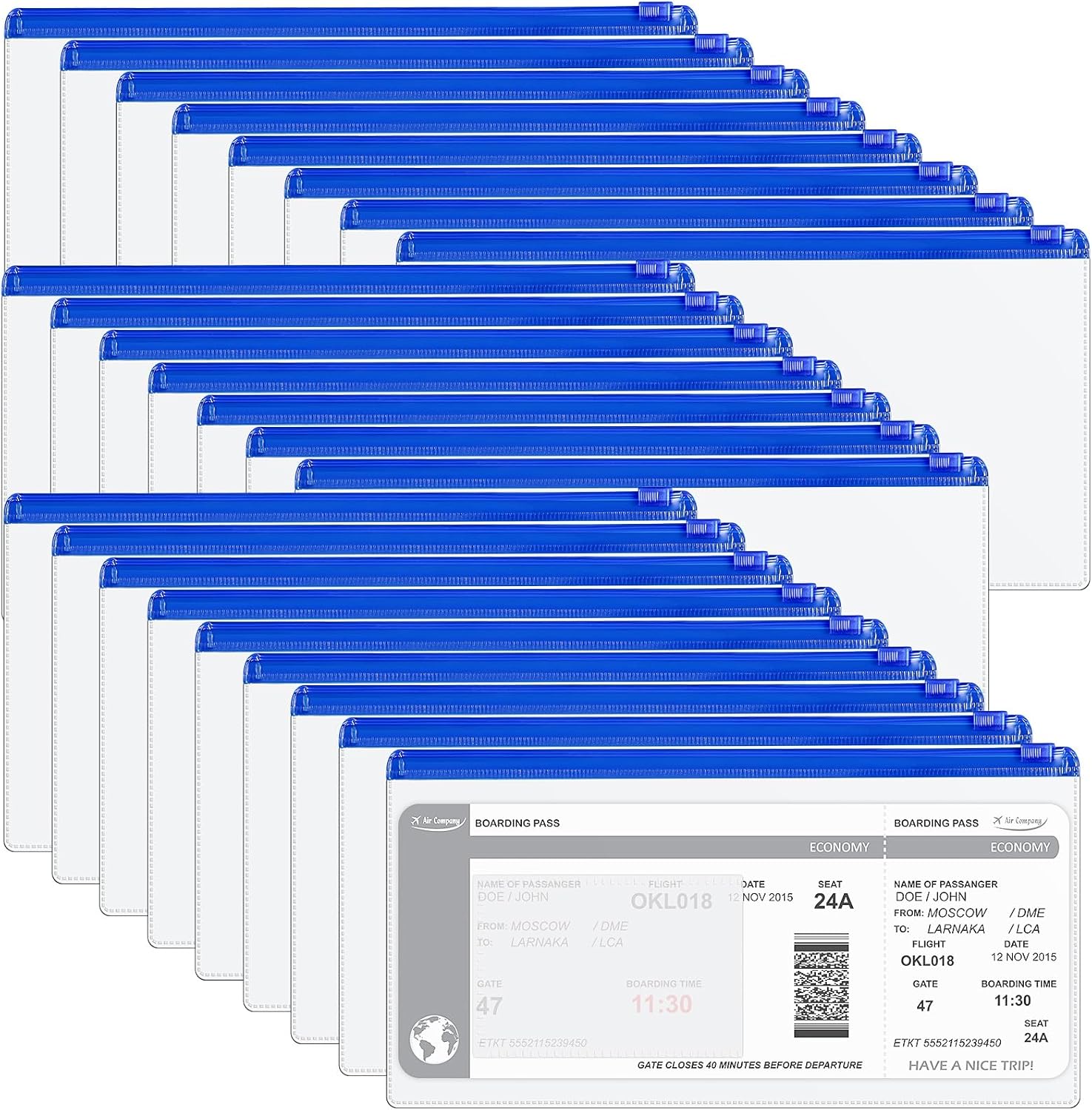 Marspark 100 Pieces Clear Pencil Case Zipper Envelope Bulk with Label Pocket Clear Plastic Envelopes with Zippered, A6 Pencil Bags for Cash, School Office Supplies, 9.2 x 4.7 InchesBlue