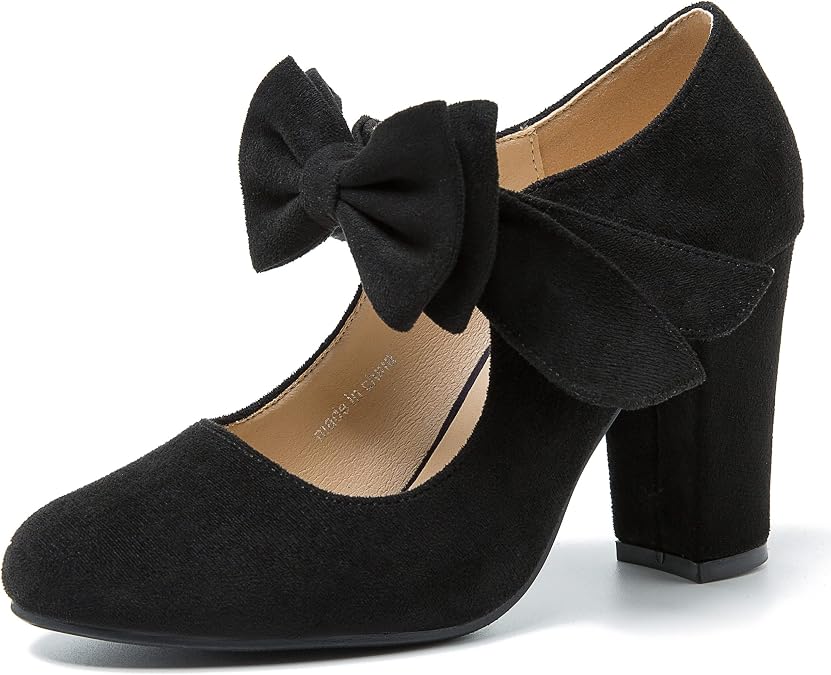 MAIERNISI JESSI Women's Mary Jane Pumps with Bow, 3.54 Inch Chunky Heel, Round Closed Toe Dress Shoes