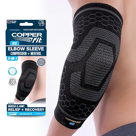 Copper Fit ICE Uni Elbow Compression Sleeve, Menthol Infused, Black, Small/Medium