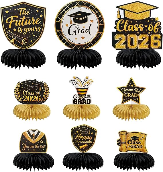 Graduation Party Decorations, 9 Pcs Honeycomb Centerpieces Set, Black & Gold Centerpiece Table Decorations for Class of 2026