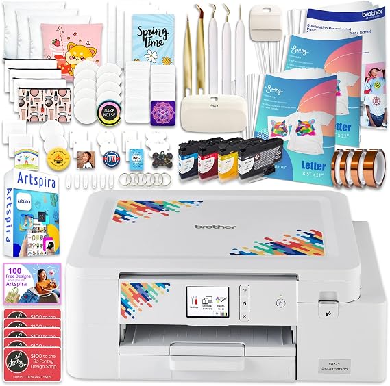 Brother SP-1 Sublimation Printer Deluxe Bundle with Full Ink Set, 310 Sublimation Transfer Sheets, 50 Blanks, Tape and More
