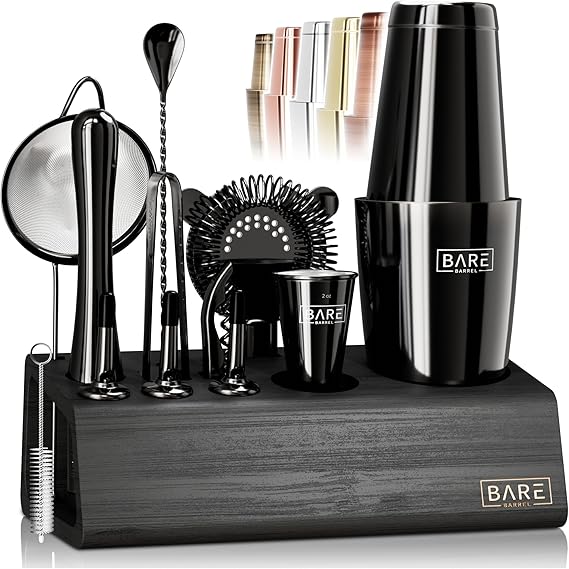 BARE BARREL® Cocktail Making Kit | 14-Piece Bartender Kit Cocktail Shaker Set Maker | Bamboo Display Stand & 35 Recipe Cards | Mixology Cocktail Gift Set (800ml/28oz Boston Shaker, Jet Black/Black)