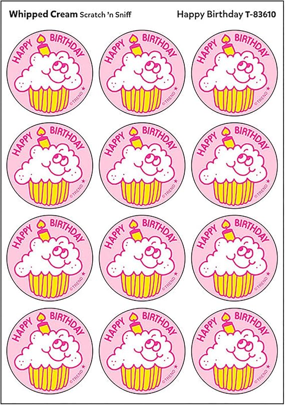 Happy Birthday/Whipped Cream Scent Retro Stinky Stickers by TREND; 24s/pk - Authentic 1980s Designs!