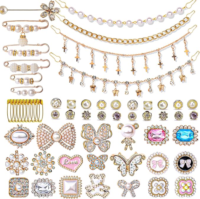 252pcs Charms for Socks Safety Pin Brooch, Junk Socks Charms Pins Gold Bling Socks Jewelry Charms,Chain for socks,Brooch Pins for Socks,Pearl Rhinestone Brooch Pins Costom Shoe Socks Charms Kit