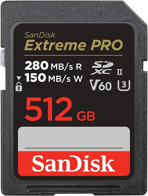 SanDisk Extreme PRO SDXC UHS-II Memory Card V60 512 GB (280 MB/s, 6K, 4K UHD, U3, C10, Rescue PRO Deluxe)