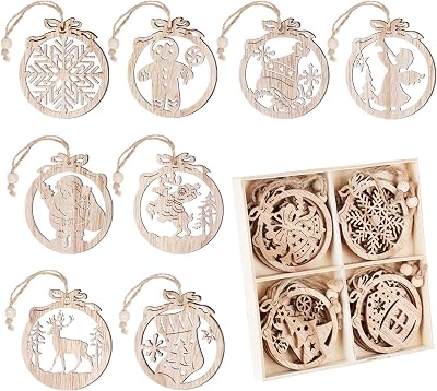 Wooden Christmas Ornaments, 12 PCS Wooden Ornaments for Crafts, Hanging Christmas Ornaments 2.6 Inches, Snowflake Snowman Reindeer Wood Slices for Ornaments, Xmas Tree Decorations
