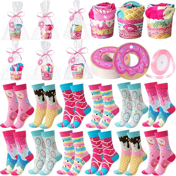 Chuarry 12 Pairs Valentine's Day Cupcake Socks Bulk, Funny Donut Ice Cream Socks for Women Girl, DIY Gift with Gift Boxes Cupcake
