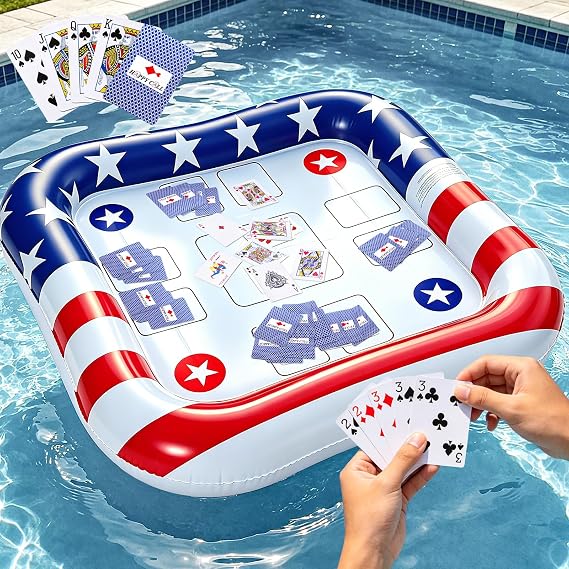 American Flag Inflatable Pool Game Table with Waterproof Playing Cards Set, Patriotic Floating Game Table for Adults with 4th of July, Lightweight